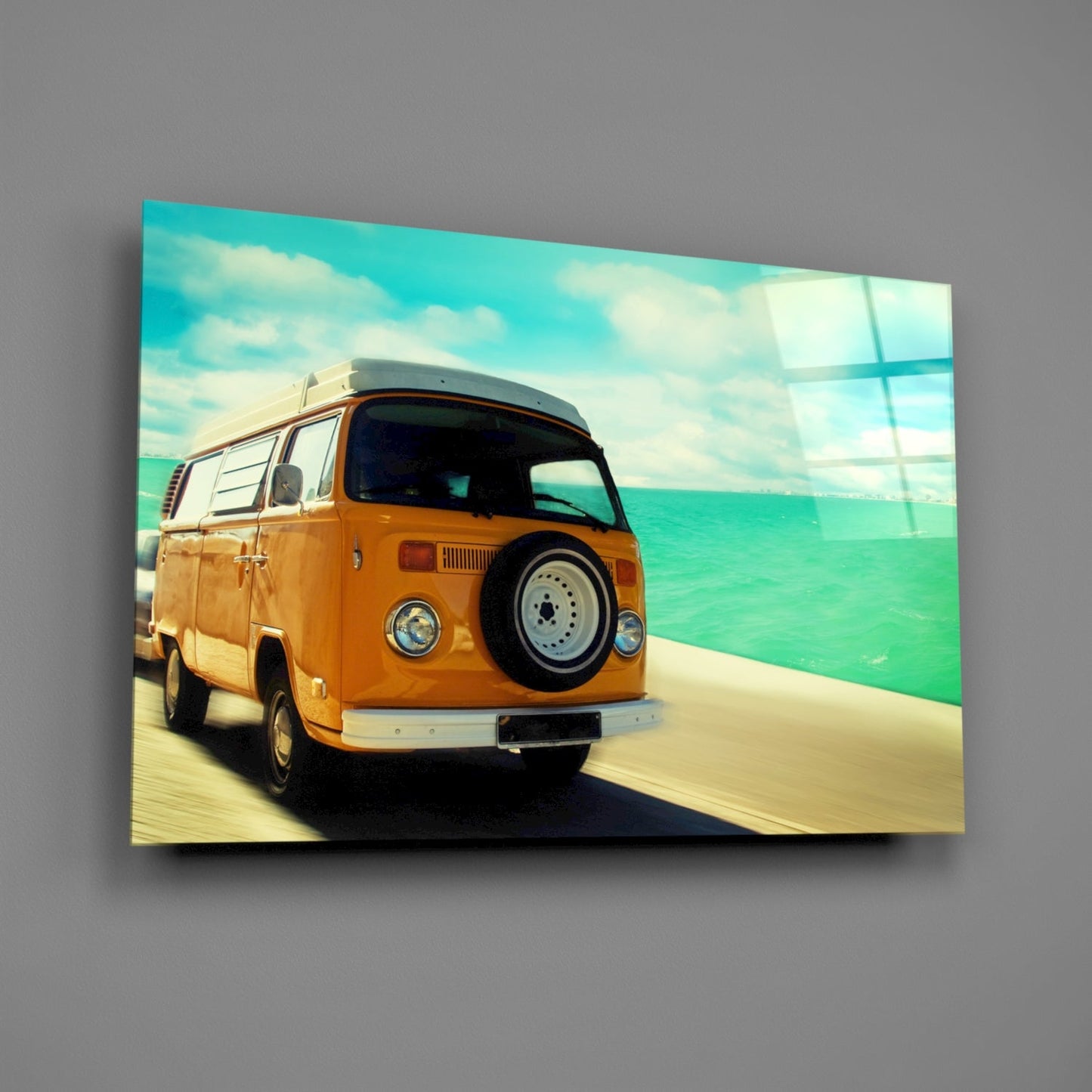 Orange Camper Van Turquoise Coast Glass Wall Art