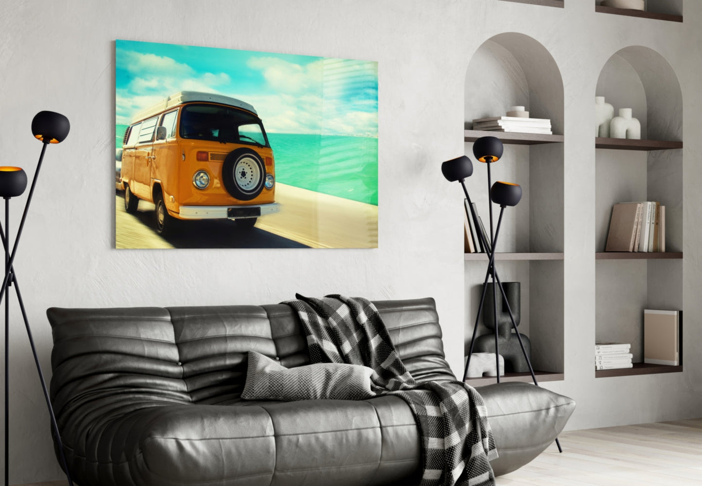Orange Camper Van Turquoise Coast Glass Wall Art