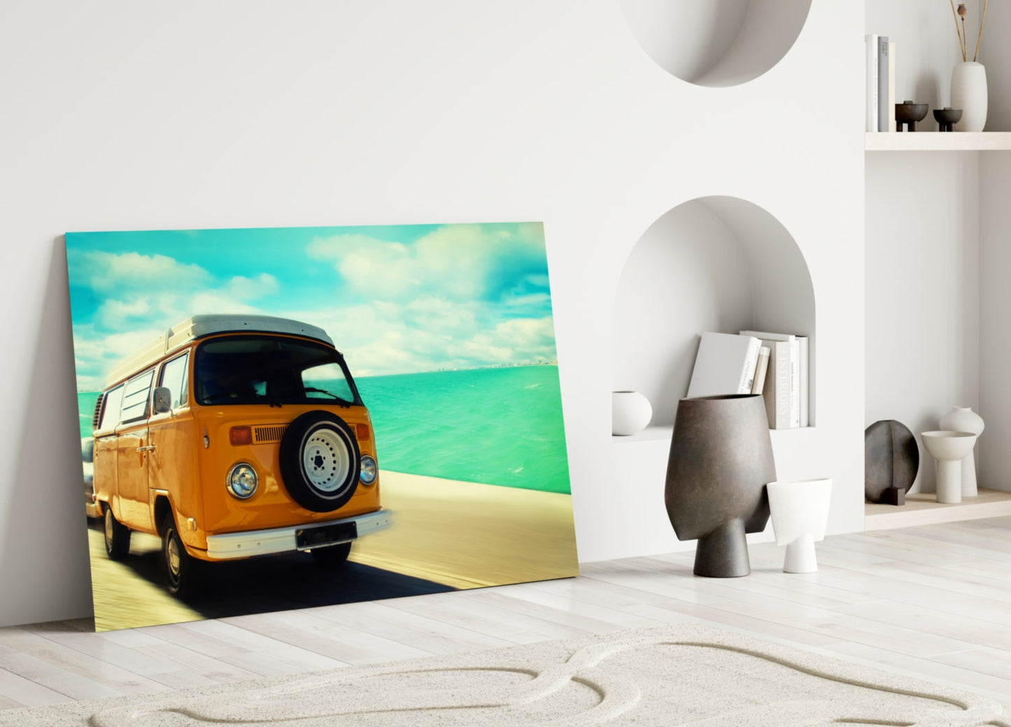 Orange Camper Van Turquoise Coast Glass Wall Art