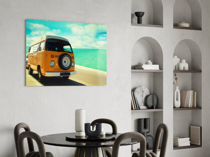 Orange Camper Van Turquoise Coast Glass Wall Art