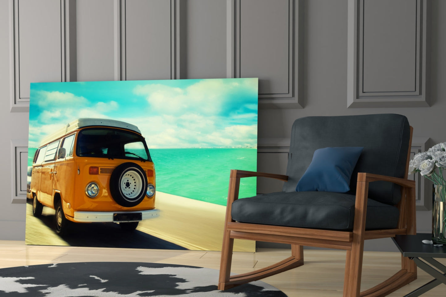 Orange Camper Van Turquoise Coast Glass Wall Art