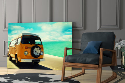 Orange Camper Van Turquoise Coast Glass Wall Art