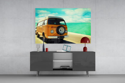 Orange Camper Van Turquoise Coast Glass Wall Art