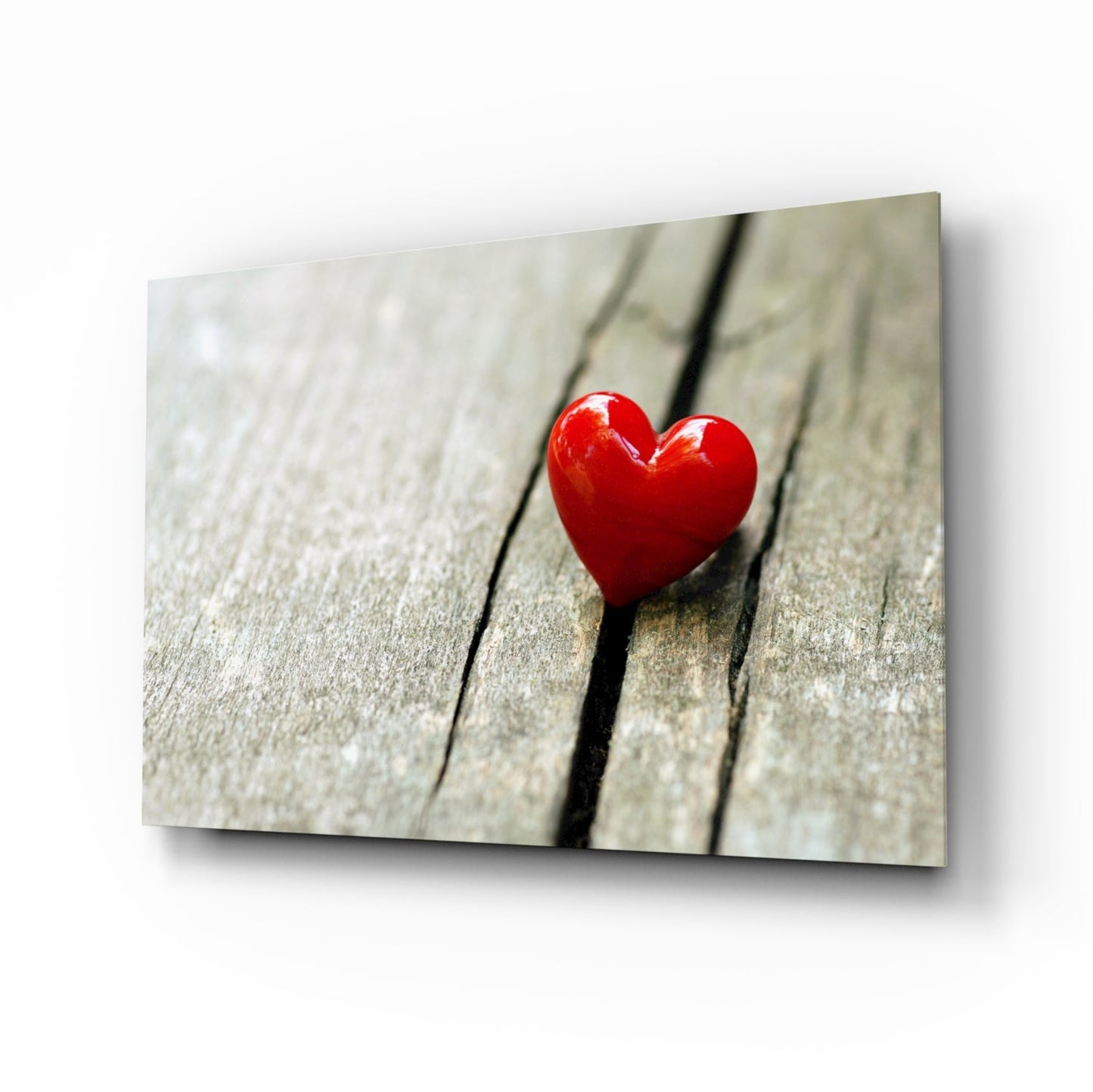 Glossy Red Heart On Wood Plank Glass Wall Art