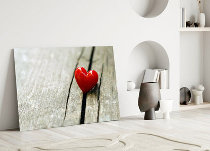 Glossy Red Heart On Wood Plank Glass Wall Art