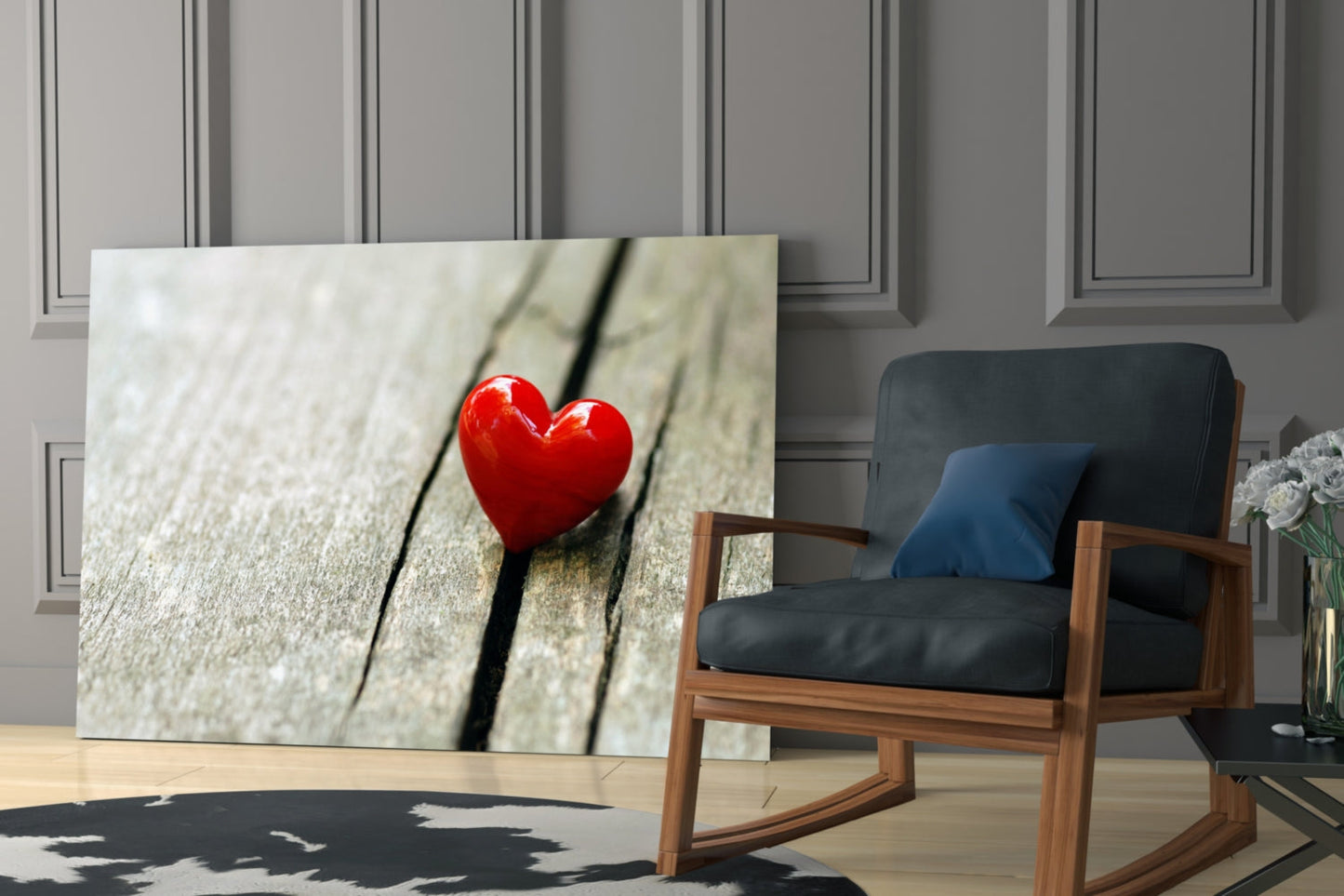 Glossy Red Heart On Wood Plank Glass Wall Art