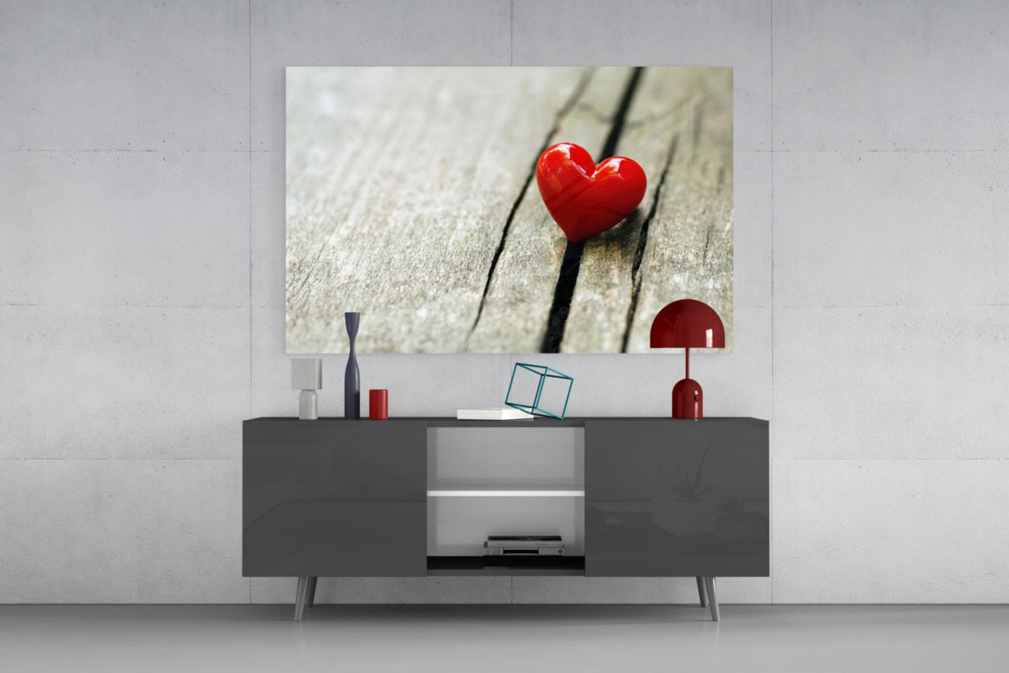 Glossy Red Heart On Wood Plank Glass Wall Art