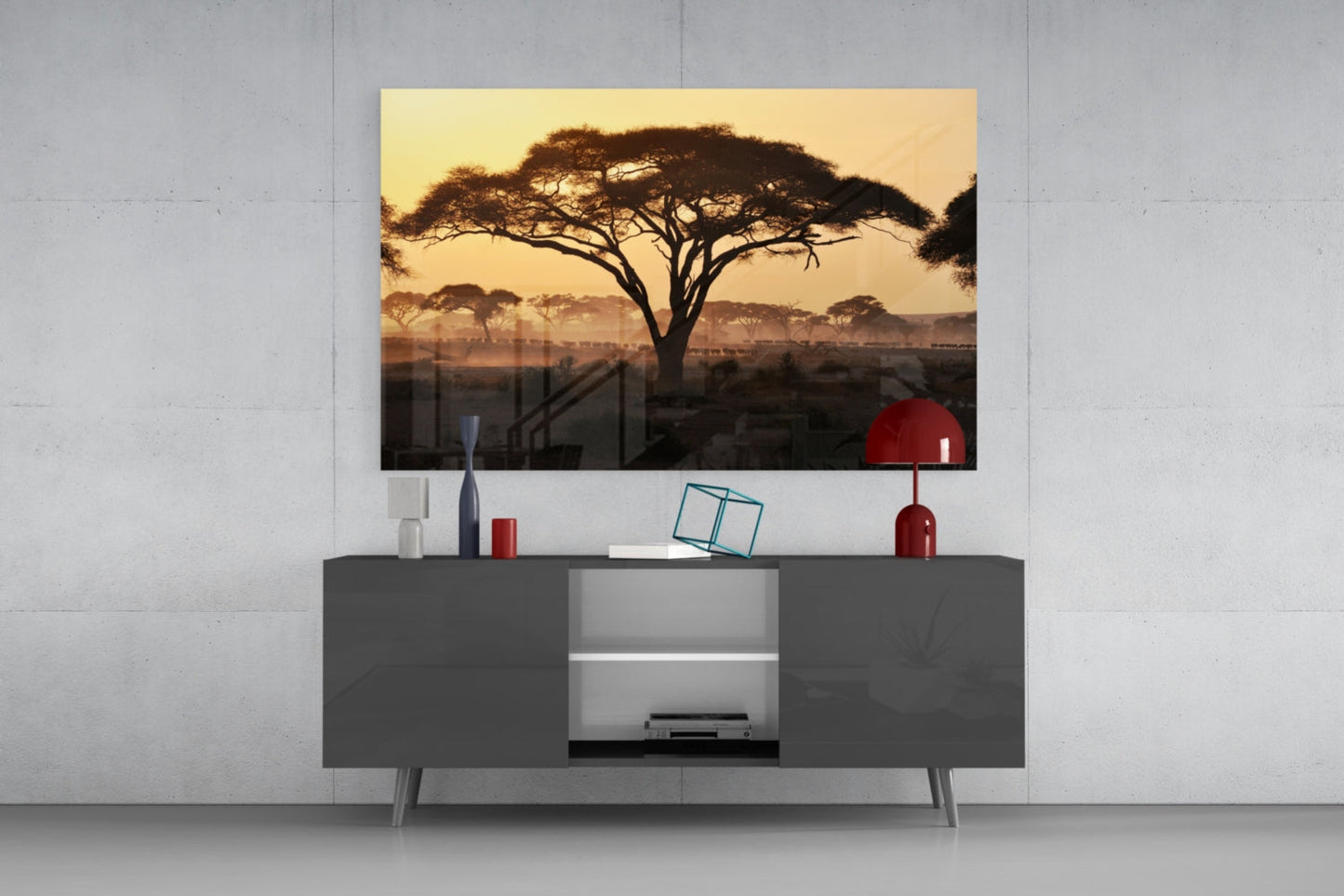 Acacia Tree Savanna Golden Sunset Glass Wall Art