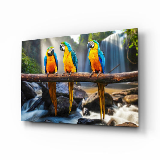 Three colorful blue and yellow macaws perched on a wooden branch overlooking a waterfall and rocky stream in a glass wall art display.