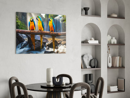 Three blue and gold macaws perched on a branch above a waterfall, displayed as glass wall art in a modern dining room.