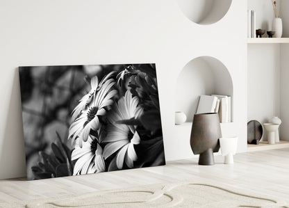 Black and white glass wall art leaning against white wall displays close-up daisy flowers with detailed petals and centers.