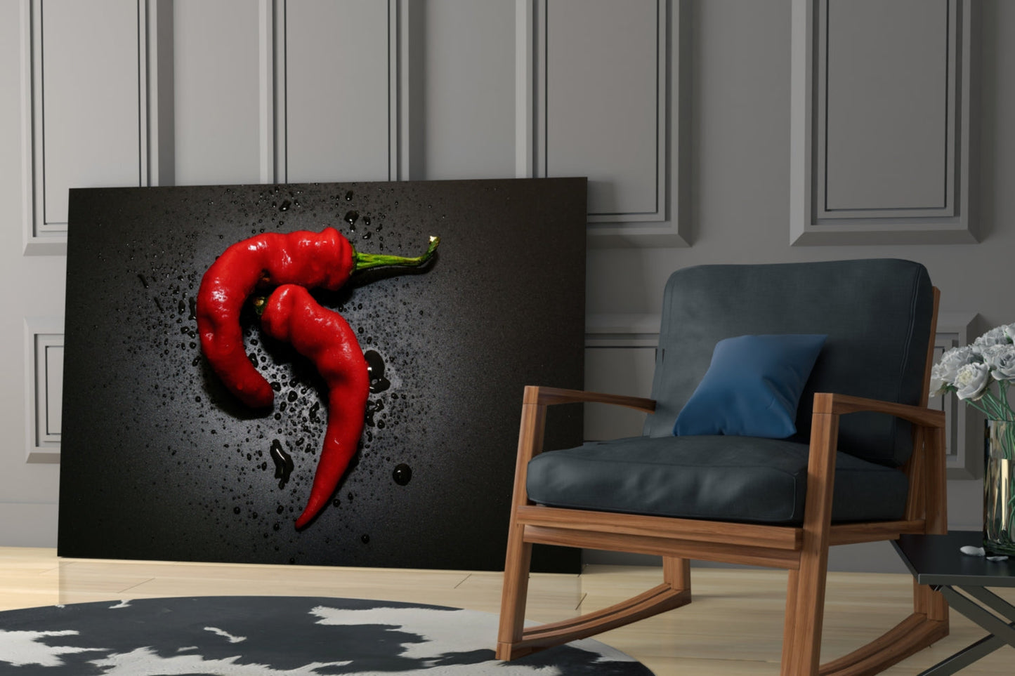 Red pepper glass wall art displayed in modern living room next to wooden chair with blue cushions.