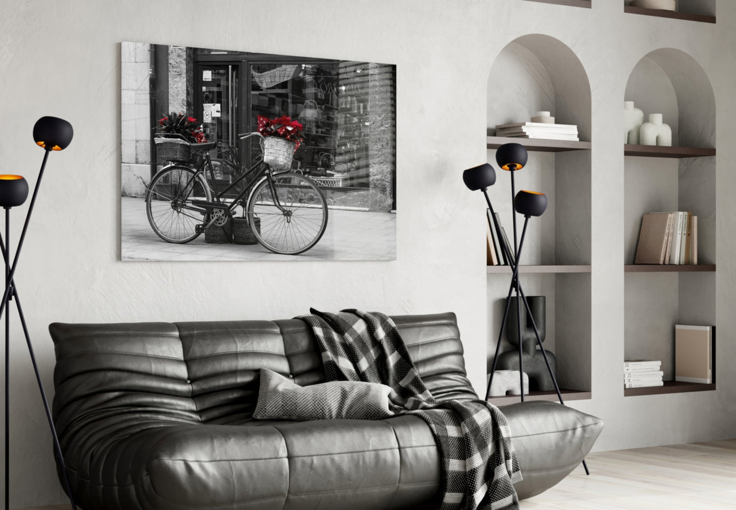 Red Flower Basket Bicycle Shopfront Glass Wall Art