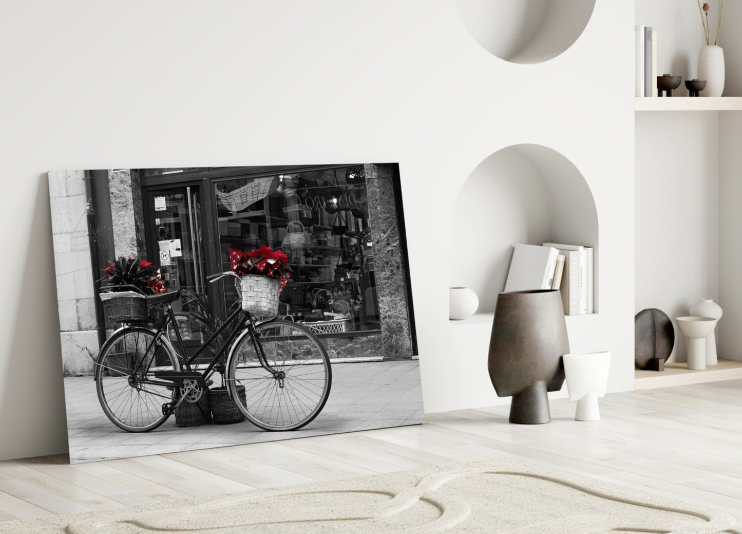 Red Flower Basket Bicycle Shopfront Glass Wall Art