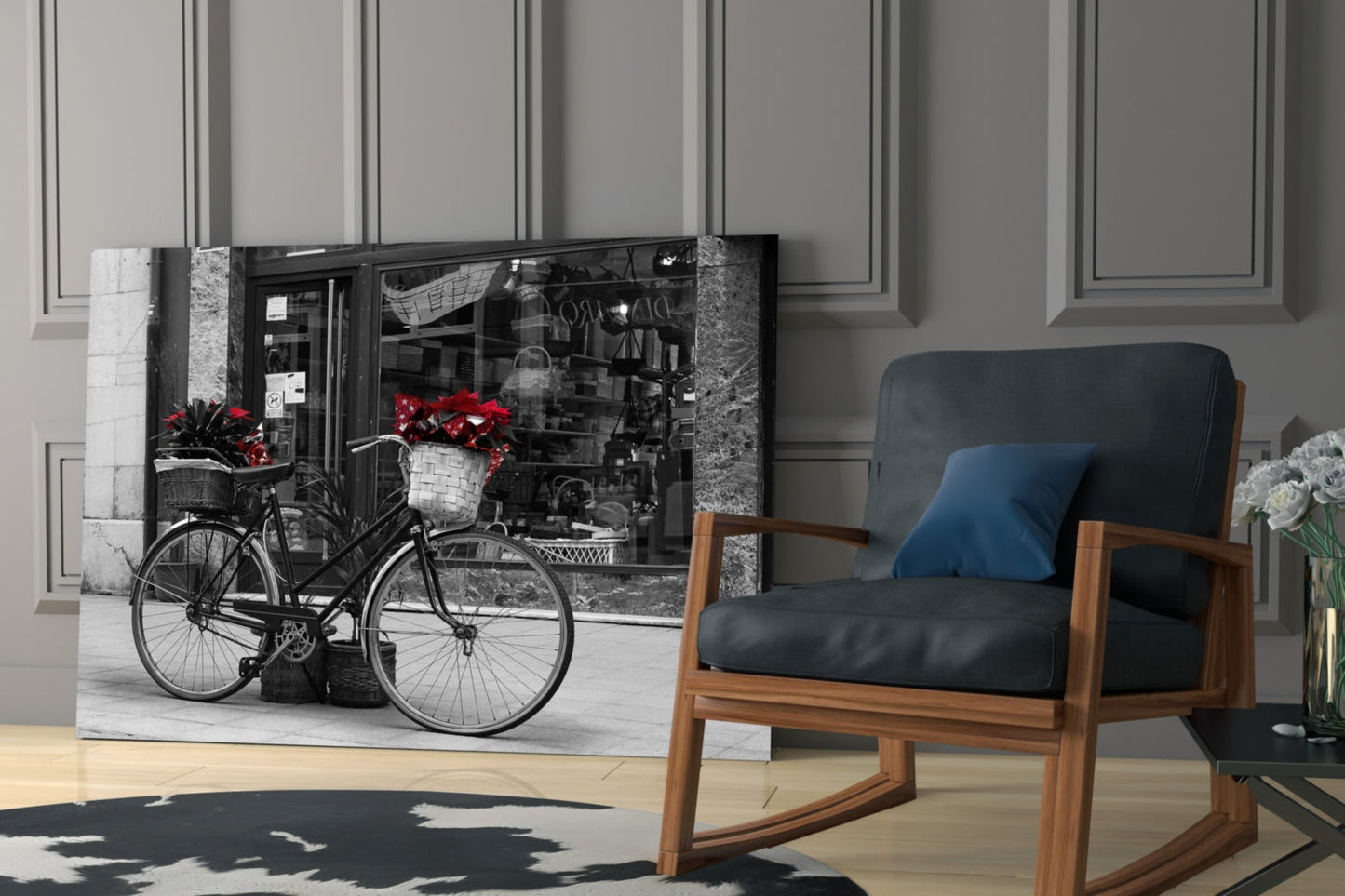 Red Flower Basket Bicycle Shopfront Glass Wall Art