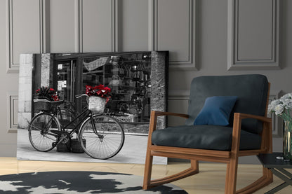 Red Flower Basket Bicycle Shopfront Glass Wall Art
