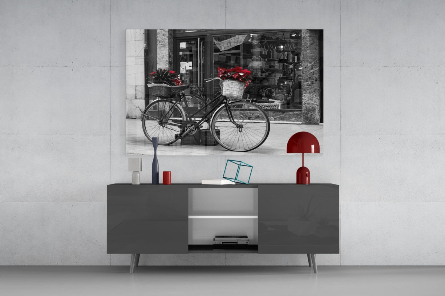 Red Flower Basket Bicycle Shopfront Glass Wall Art