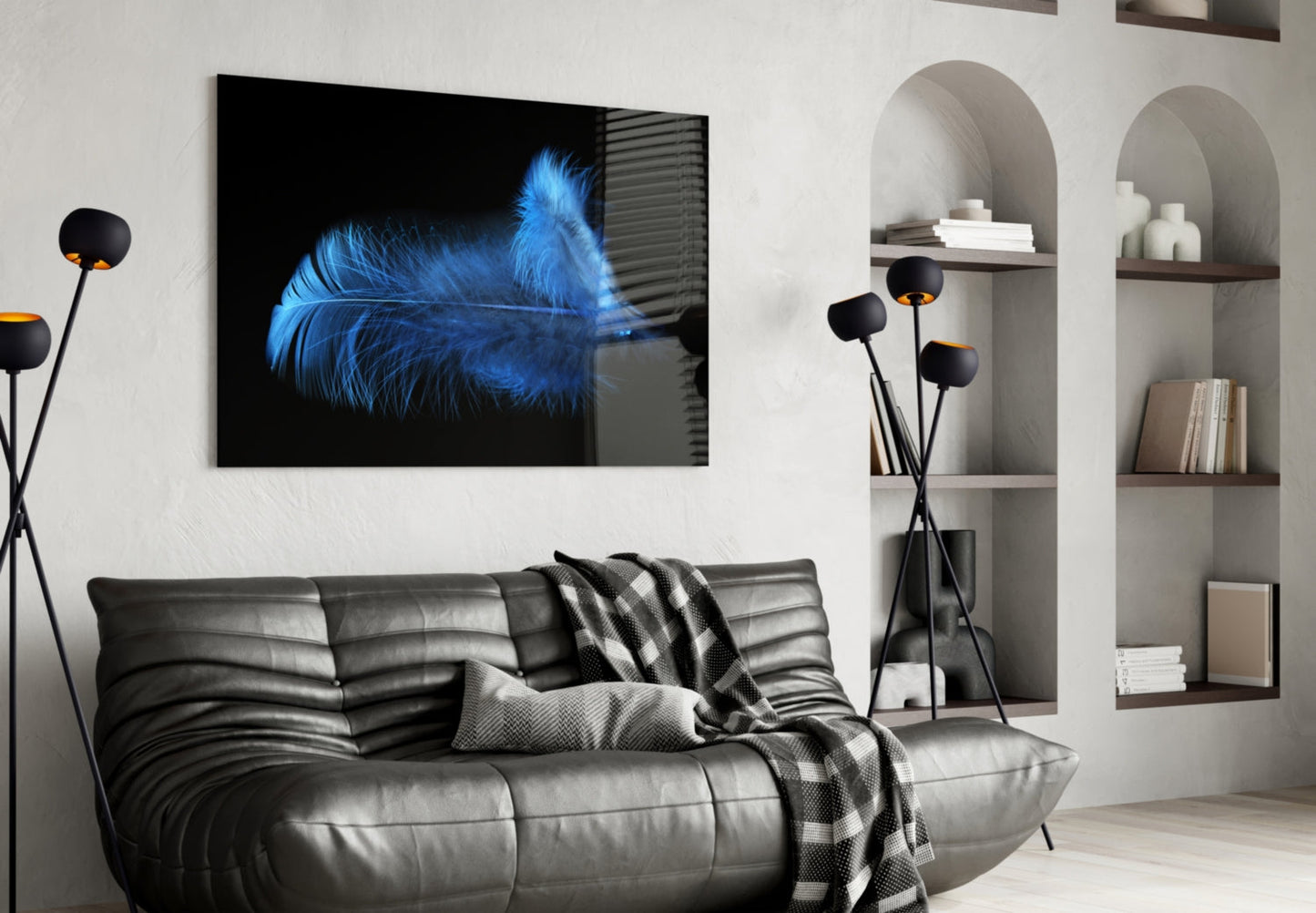 Fluffy Blue Feathers On Black Glass Wall Art