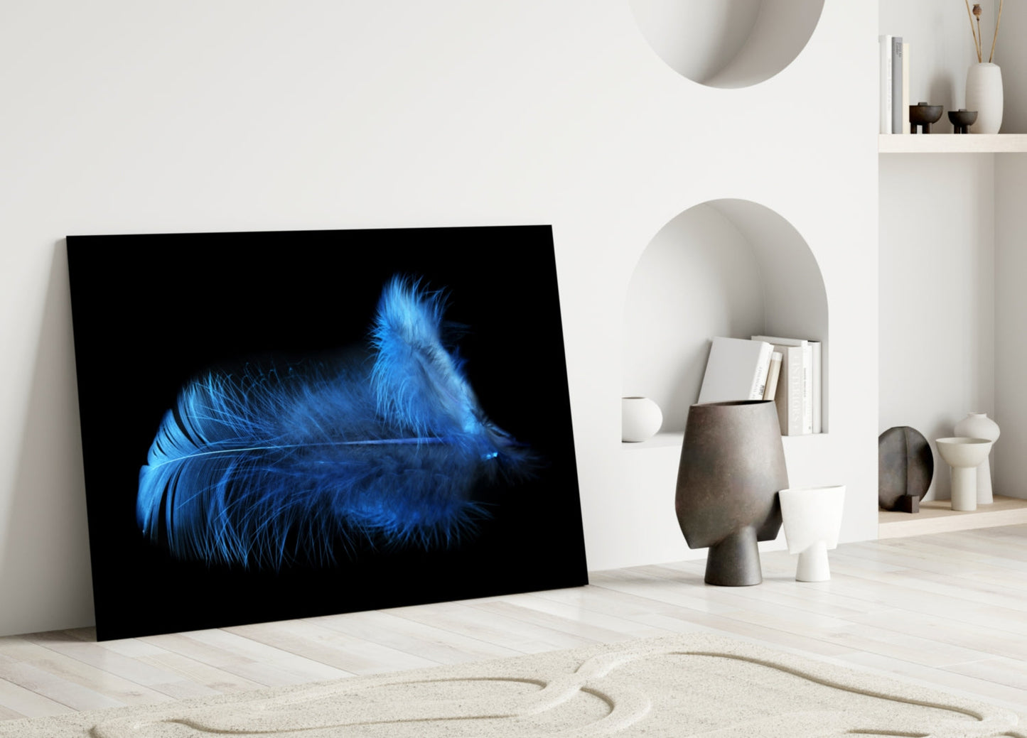 Fluffy Blue Feathers On Black Glass Wall Art