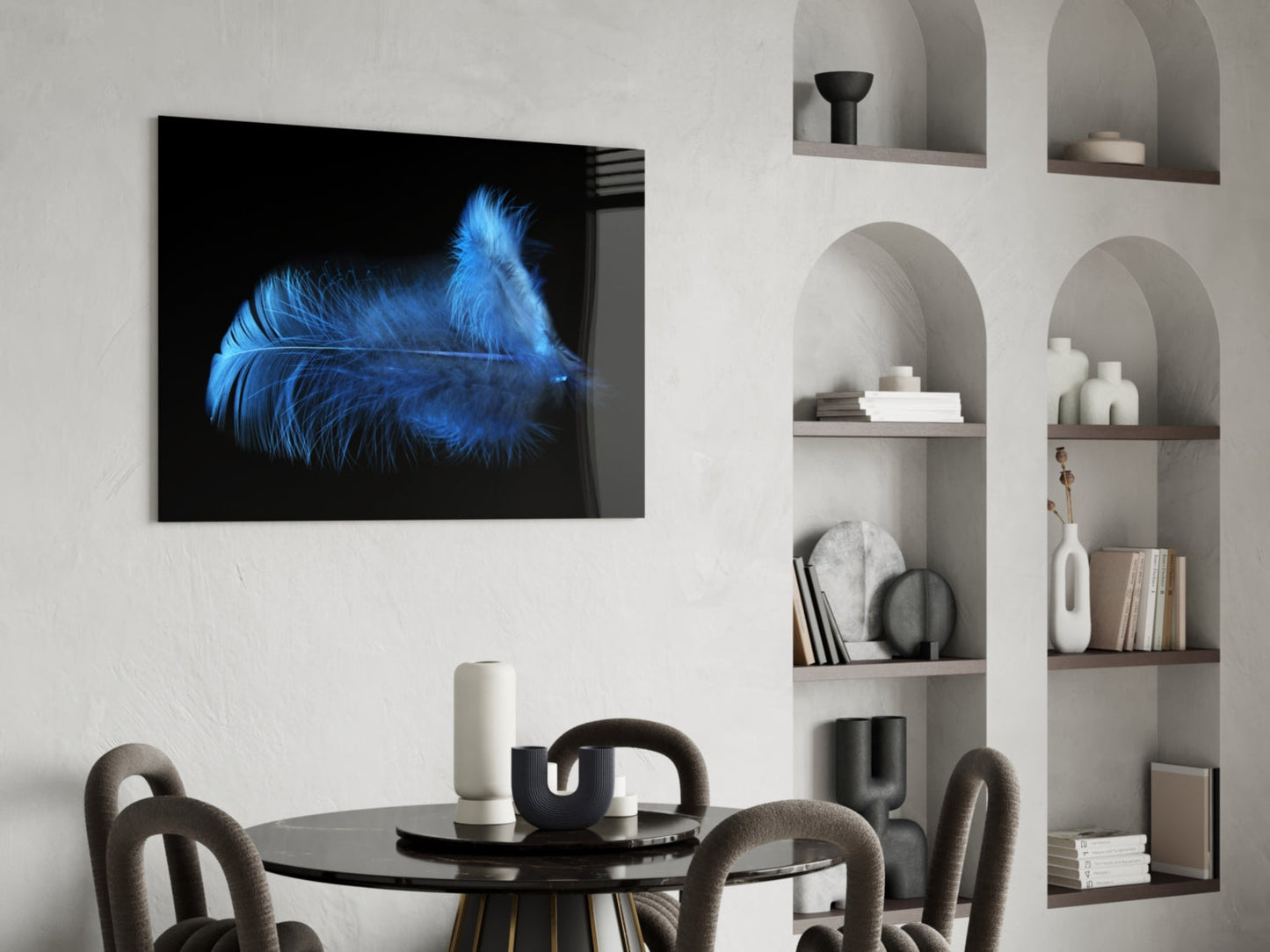 Fluffy Blue Feathers On Black Glass Wall Art