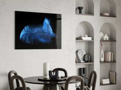 Fluffy Blue Feathers On Black Glass Wall Art