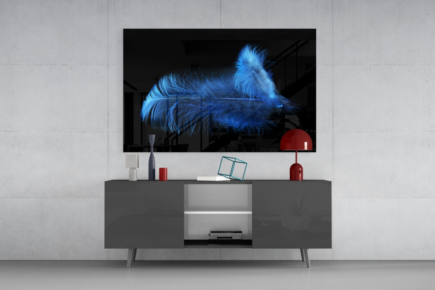 Fluffy Blue Feathers On Black Glass Wall Art