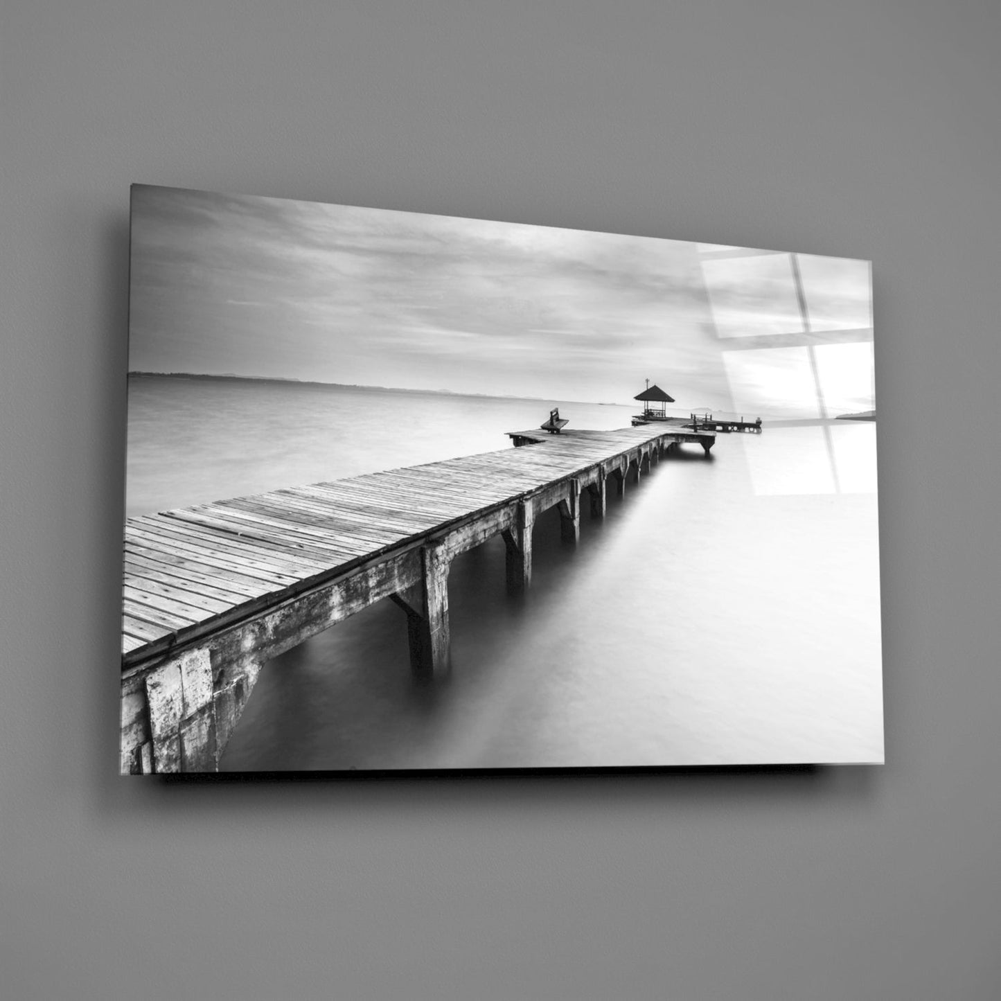 Black White Misty Pier Pavilion Glass Wall Art