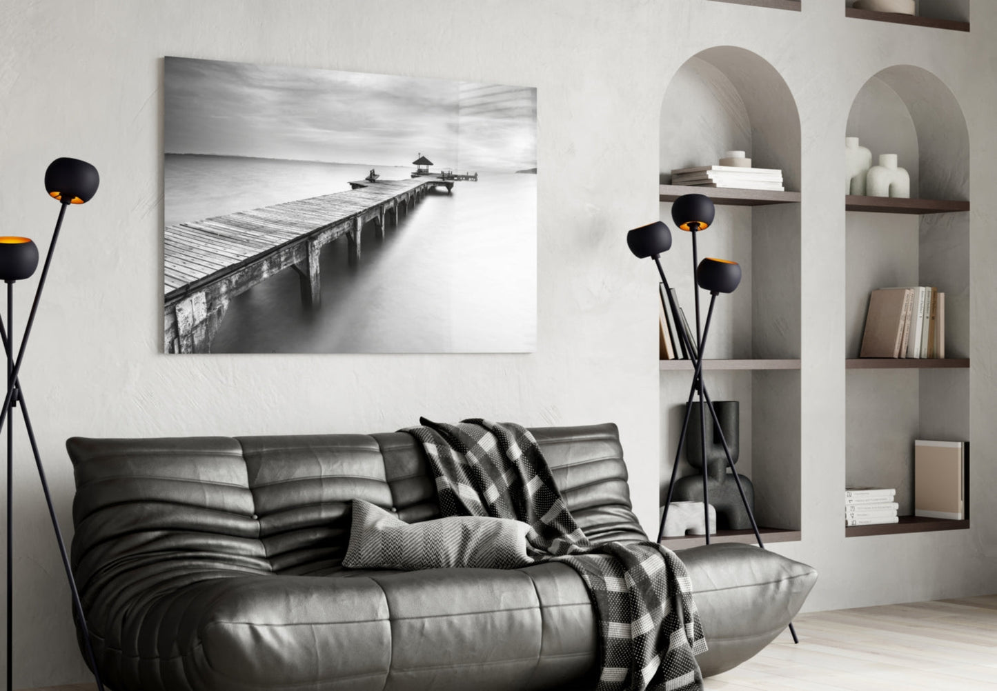 Black White Misty Pier Pavilion Glass Wall Art