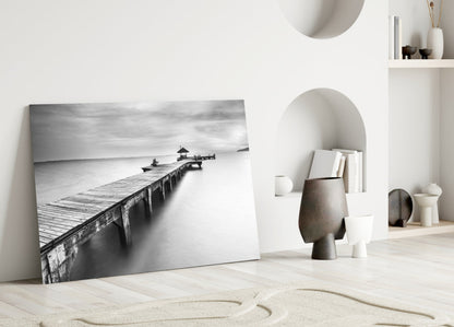 Black White Misty Pier Pavilion Glass Wall Art