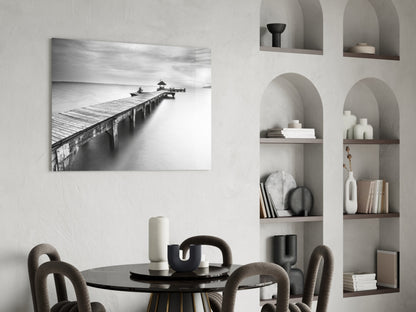 Black White Misty Pier Pavilion Glass Wall Art