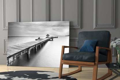 Black White Misty Pier Pavilion Glass Wall Art
