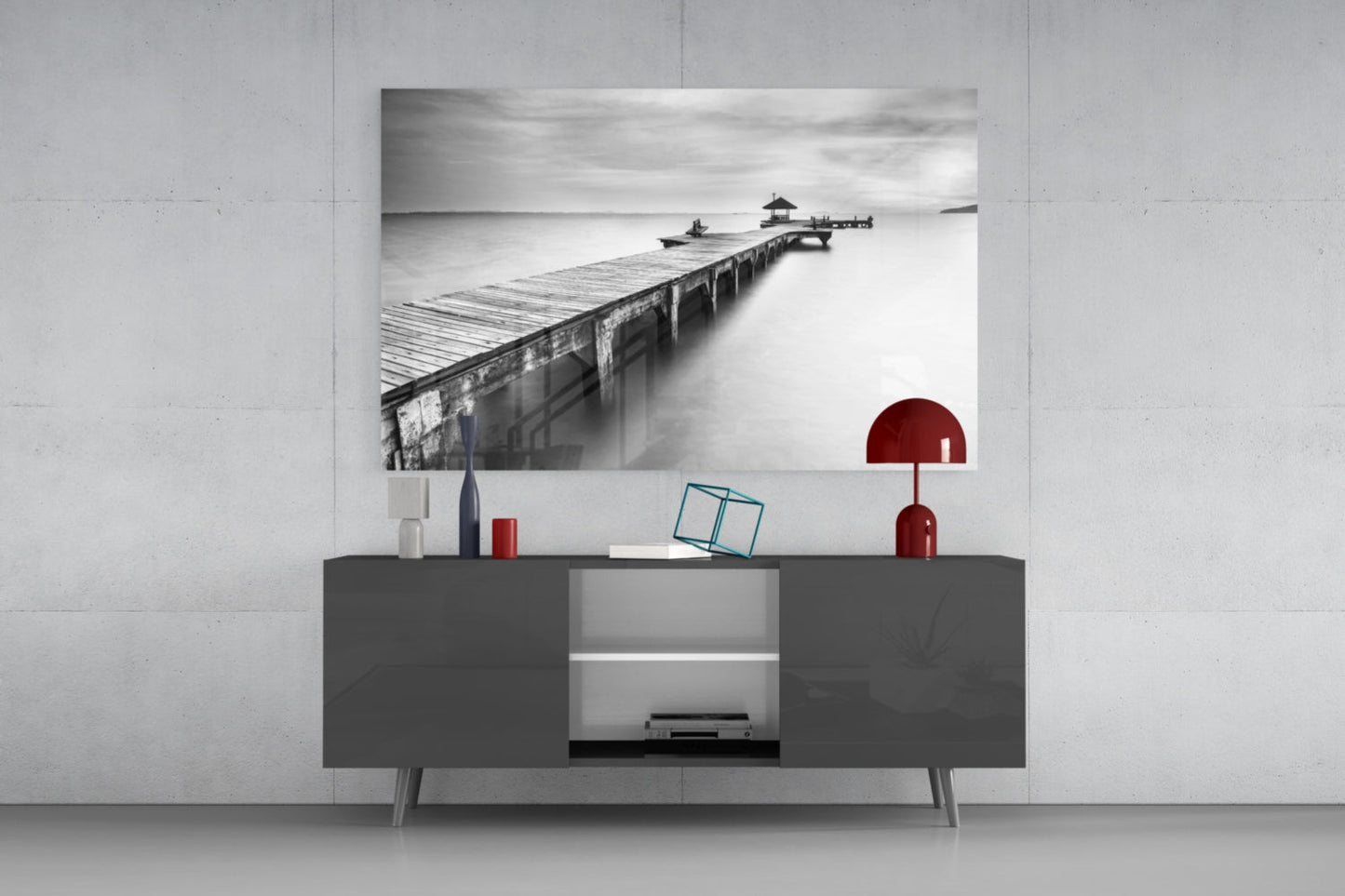 Black White Misty Pier Pavilion Glass Wall Art