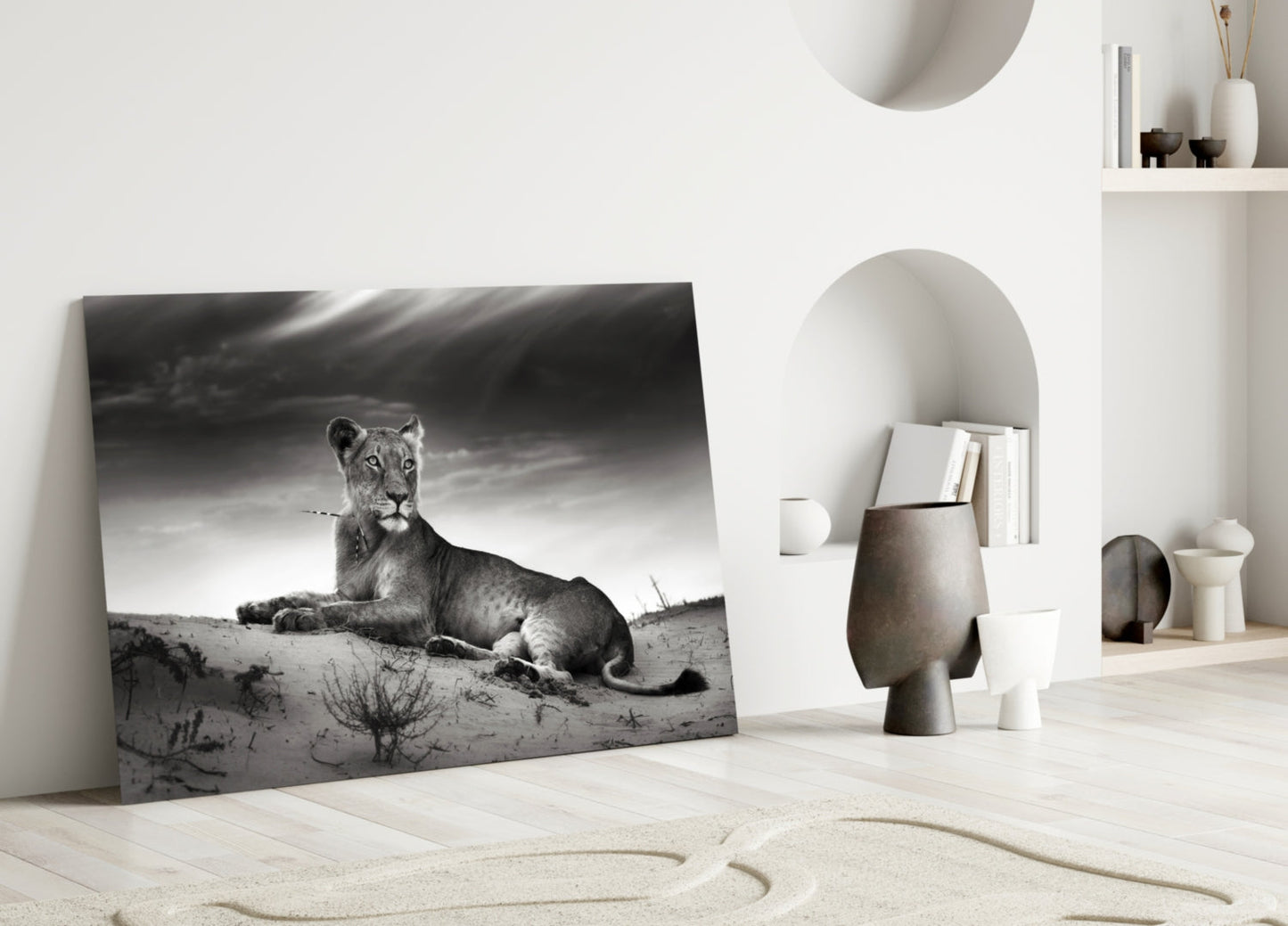 Black And White Lioness On Dune Glass Wall Art