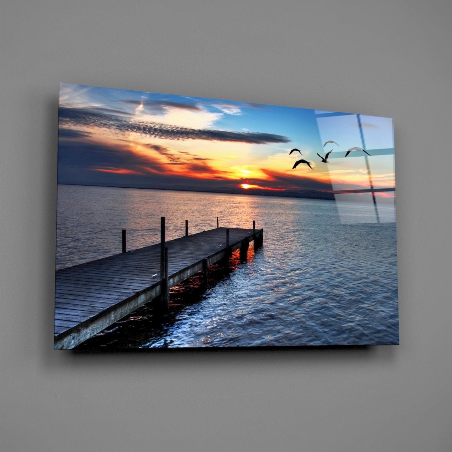 Sunset Silhouette Birds Lake Dock Glass Wall Art