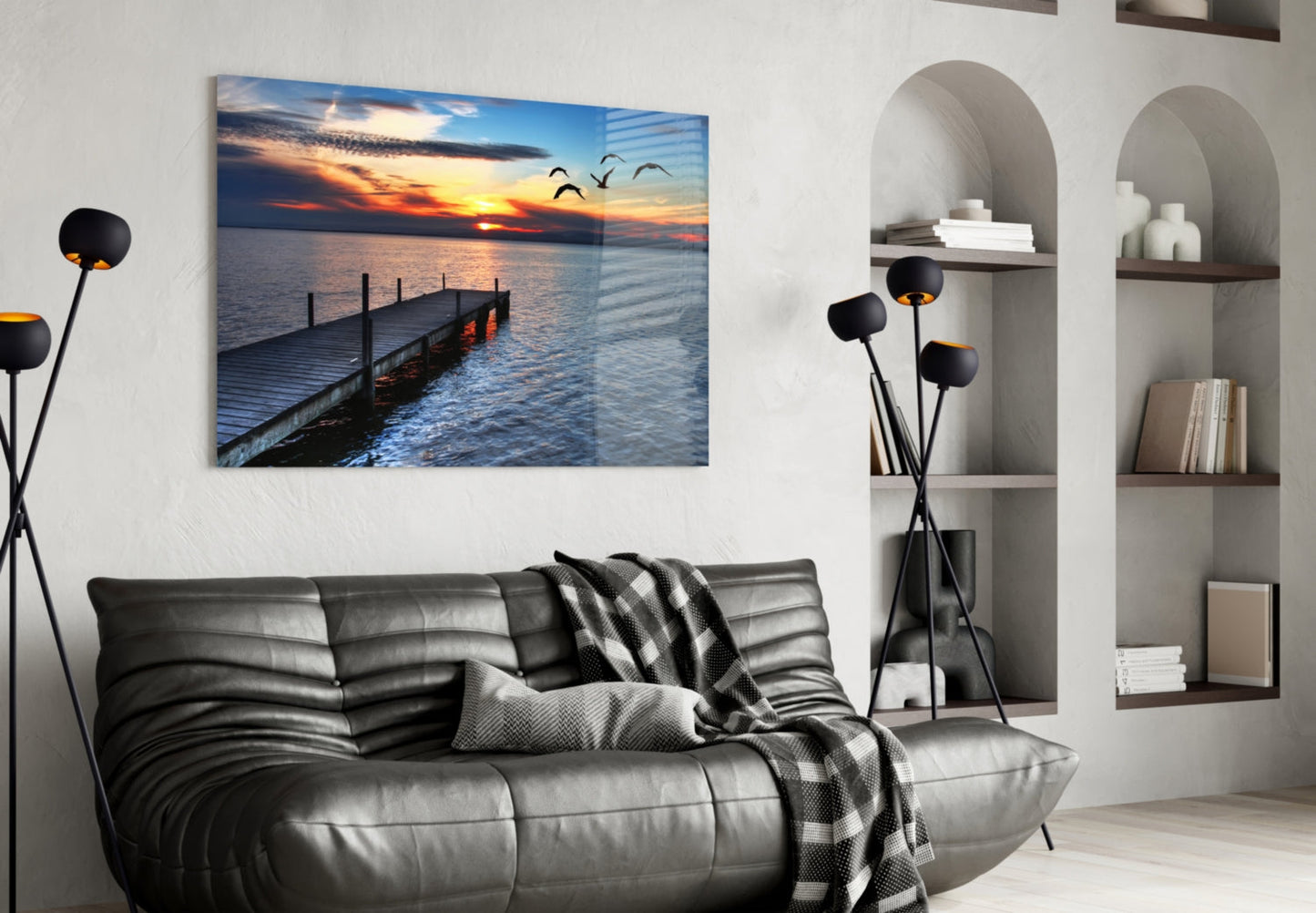 Sunset Silhouette Birds Lake Dock Glass Wall Art