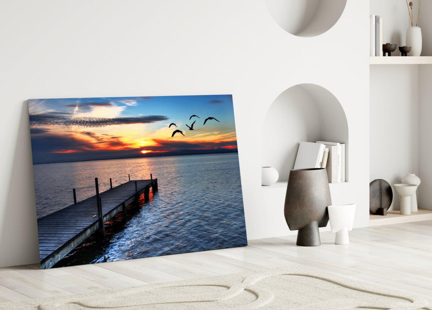 Sunset Silhouette Birds Lake Dock Glass Wall Art