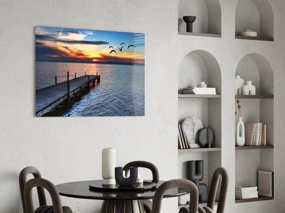 Sunset Silhouette Birds Lake Dock Glass Wall Art