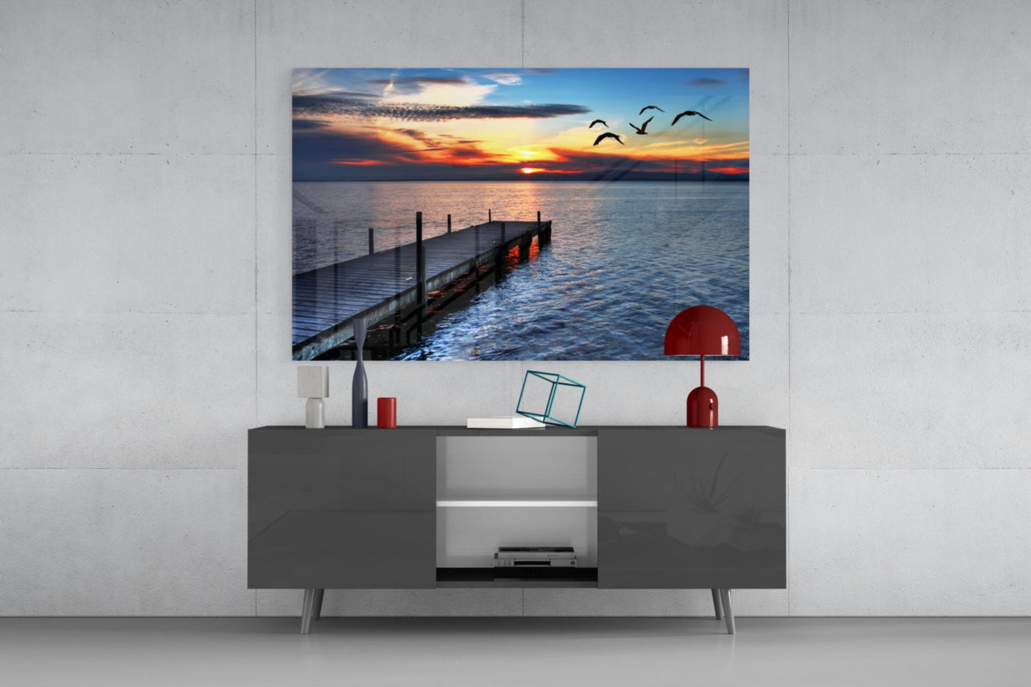 Sunset Silhouette Birds Lake Dock Glass Wall Art