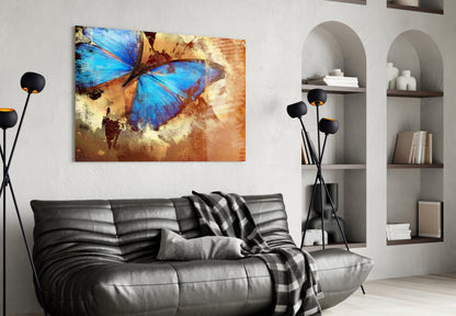 Blue Morpho on Rust Butterfly Glass Wall Art