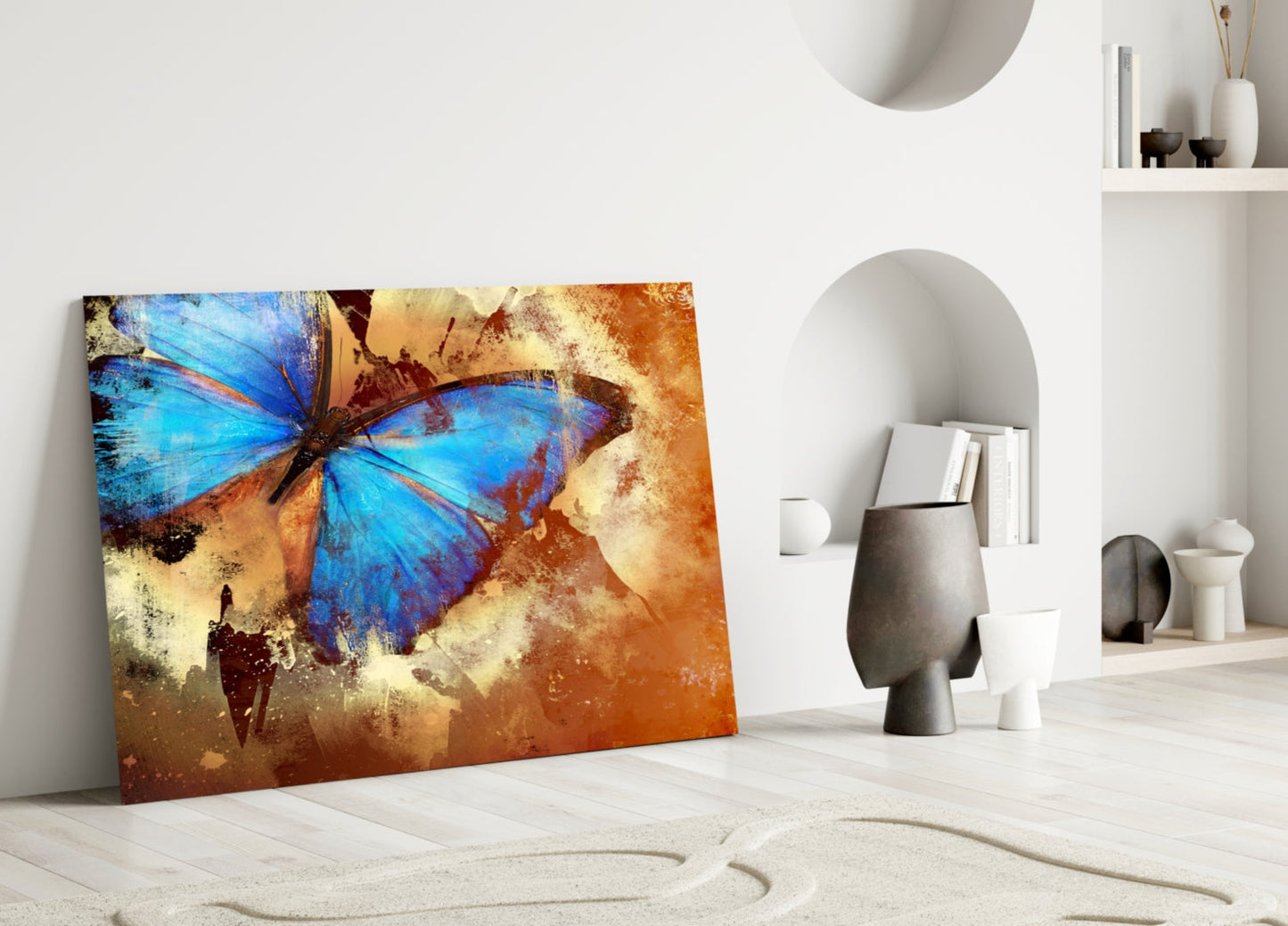 Blue Morpho on Rust Butterfly Glass Wall Art