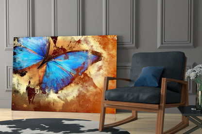 Blue Morpho on Rust Butterfly Glass Wall Art