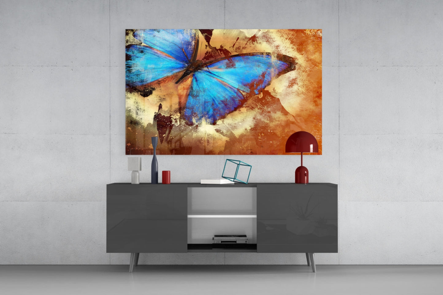 Blue Morpho on Rust Butterfly Glass Wall Art