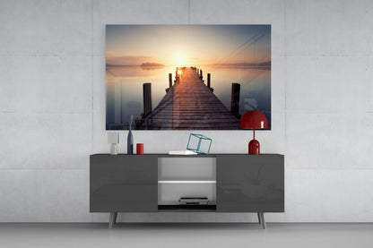 Foggy Sunrise Symmetrical Jetty Glass Wall Art