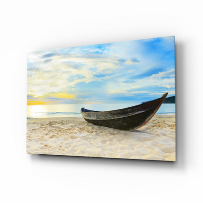 Dark Canoe On White Sand Beach Glass Wall Art