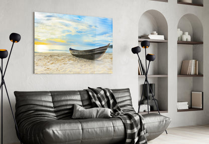 Dark Canoe On White Sand Beach Glass Wall Art