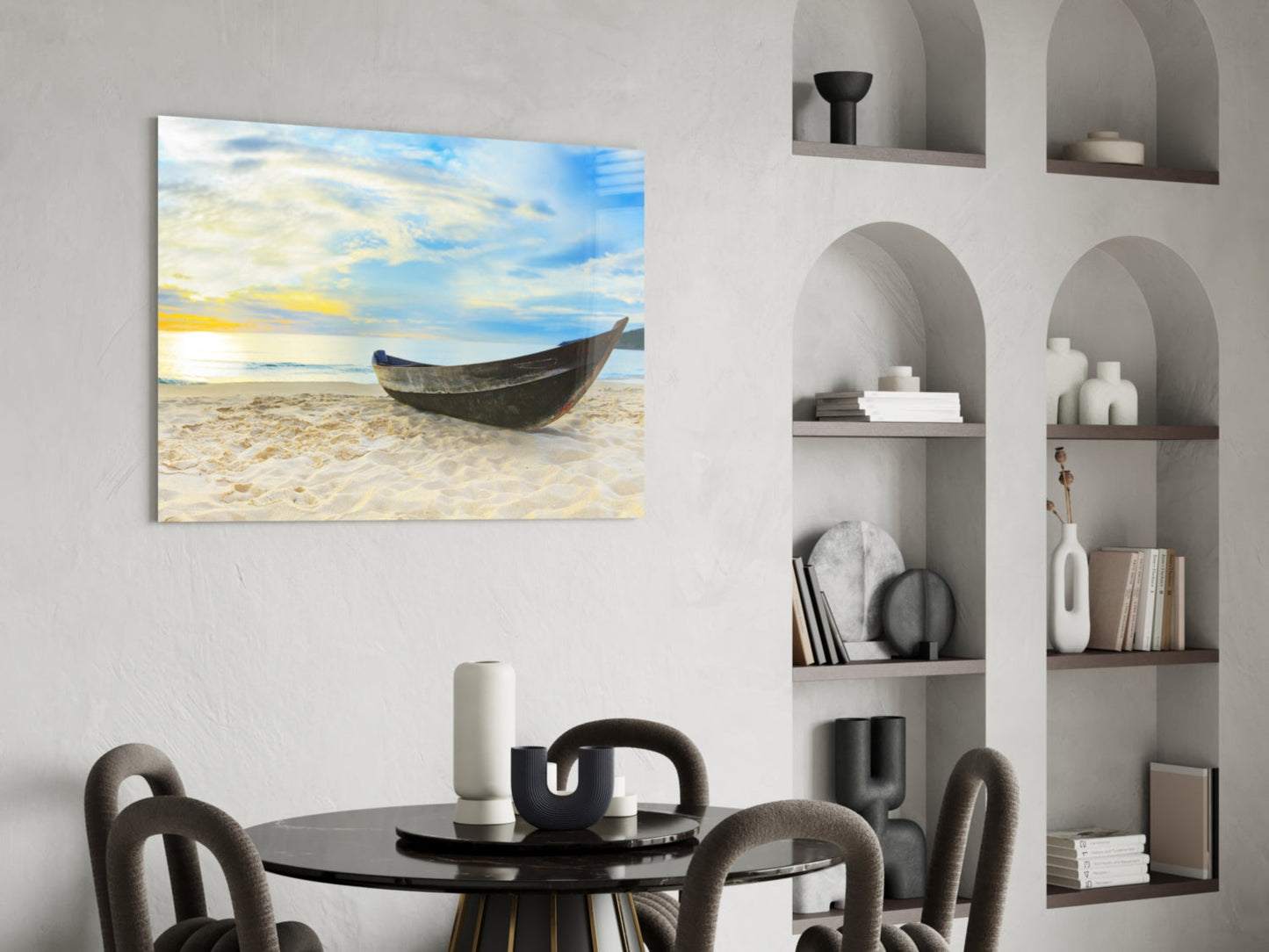 Dark Canoe On White Sand Beach Glass Wall Art
