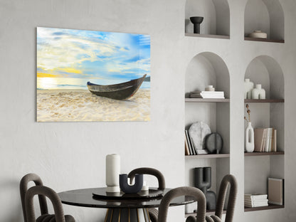 Dark Canoe On White Sand Beach Glass Wall Art