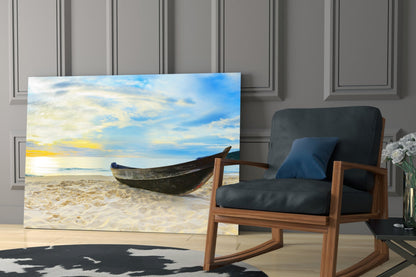 Dark Canoe On White Sand Beach Glass Wall Art