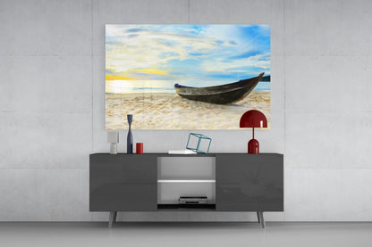 Dark Canoe On White Sand Beach Glass Wall Art