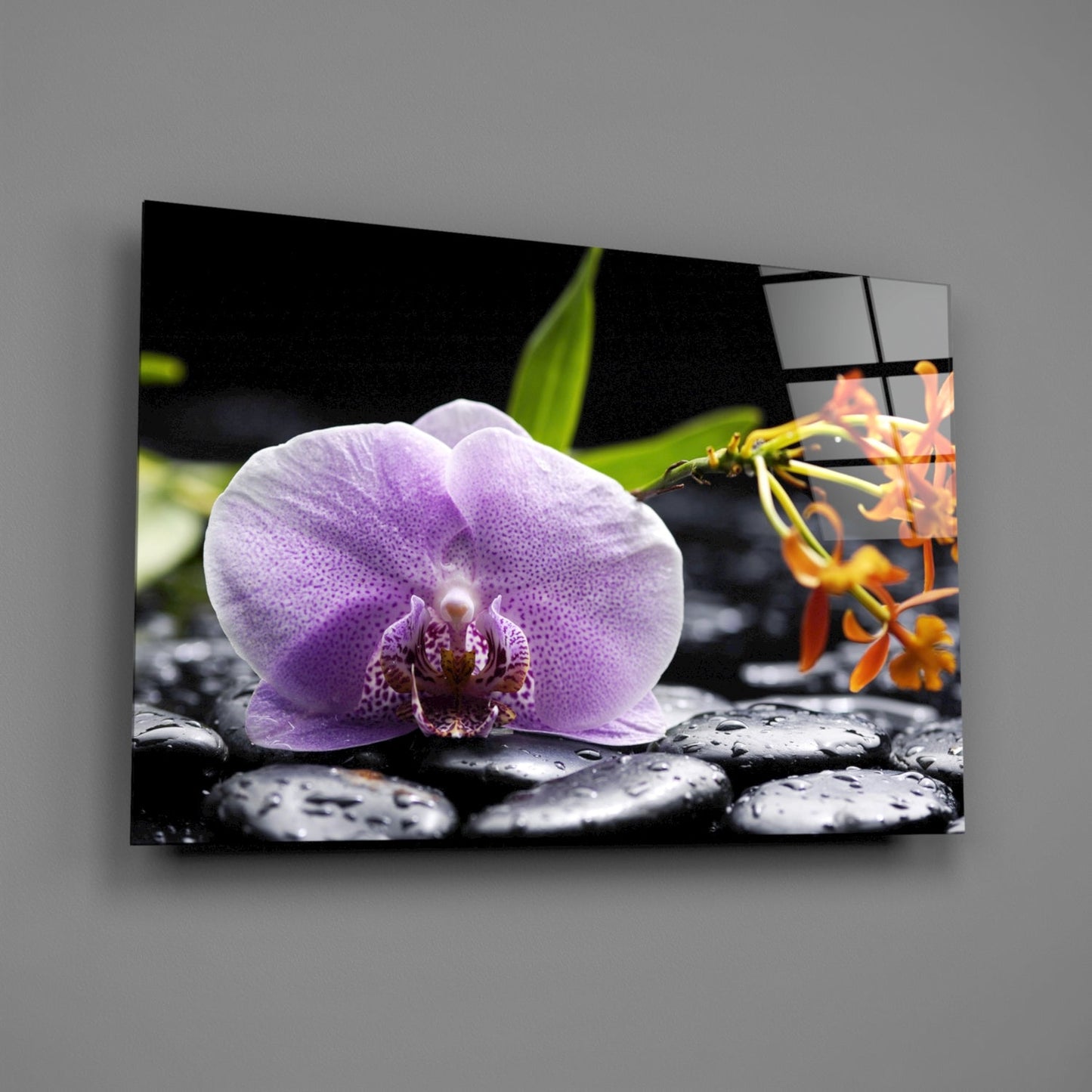 Lilac Orchid Orange Blooms Glass Wall Art